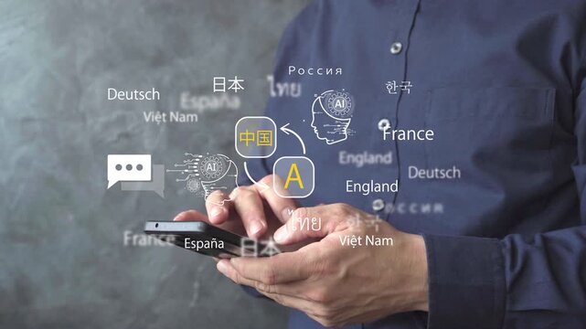 Close-up of person using smartphone with AI translation interface and multiple languages floating, representing multilingual communication, localization, and global connectivity.