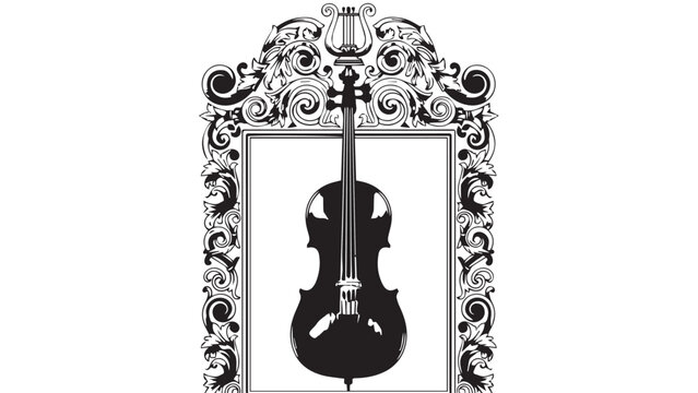 Ornate framed artwork featuring a violin silhouette within an intricate decorative border.