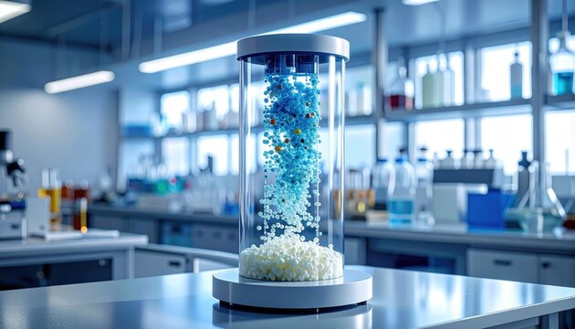 A FlyPro Firefly chromatography column, filled with a vibrant stationary phase material, professionally captured with even diffused lighting on a sleek lab bench.