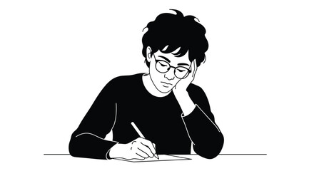 A black and white illustration of a thoughtful person with glasses and curly hair, resting their head on one hand while writing on a piece of paper.