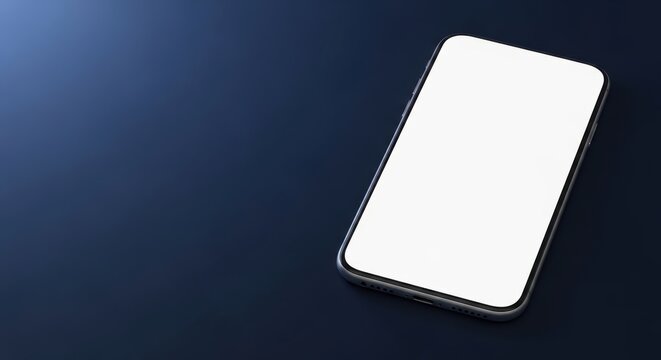 Modern smartphone with blank white screen on dark blue background angled view copy space studio lighting