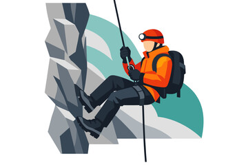 Man rappelling down a steep rock face wearing climbing gear. © nana
