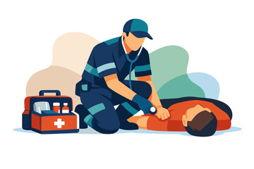 Fototapeta premium Paramedic performing CPR on patient with first aid kit nearby.