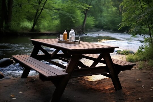 Wooden picnic table sitting on the ground in the woods beide the river