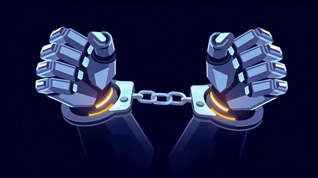 AI robot hand in handcuffs, Artificial Intelligence Law Justice Robotic Arrest Digital Crime Security Imprisonment Freedom Restriction 2D style