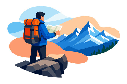 Man with backpack and map looking at mountains.
