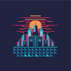 Futuristic cityscape in neon lights with vibrant colors on geometric background for technology branding © Any