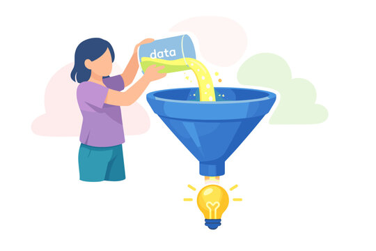 Woman pouring data into funnel to create idea lightbulb.