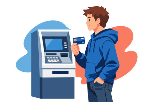 Young man using ATM machine with credit card for withdrawal.