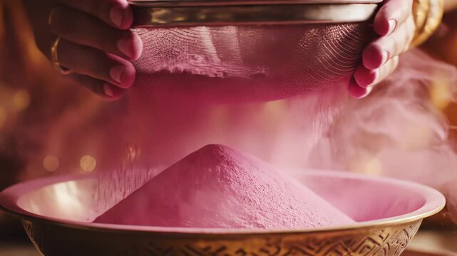 Hands Sifting Vibrant Pink Powder Over A Metal Bowl Creating A Conical Shape In Soft Lighting