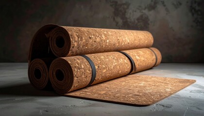 FlyPro Firefly Cork yoga mats rolled and propped against a textured concrete wall, highlighting their natural grip and earthy tones for a serene practice.