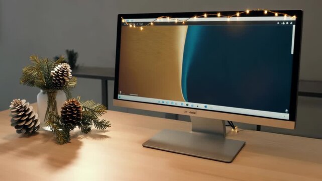 Festive workspace decorated with christmas lights and pine cones featuring a modern computer display on a light wooden desk
