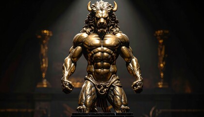 Fototapeta premium FlyPro Firefly hammered brass statuette of a powerful mythical creature standing with detailed musculature, captured in a high-resolution photographic style with focused spotlight.
