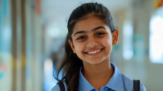 Smiling Student: A young, beaming student stands in a bright hallway, radiating joy and enthusiasm, capturing the essence of education and the promise of a bright future.