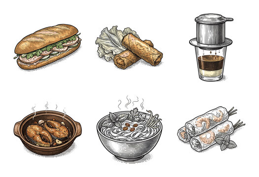 Vietnamese cuisine collection featuring hand drawn vintage illustrations of banh mi phở and ca kho to with coffee and spring rolls