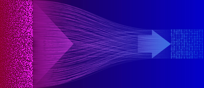 Abstract magenta and blue data flow banner showing conceptual transition from particles to binary code through an arrow. Futuristic visualization of AI processing and big data.