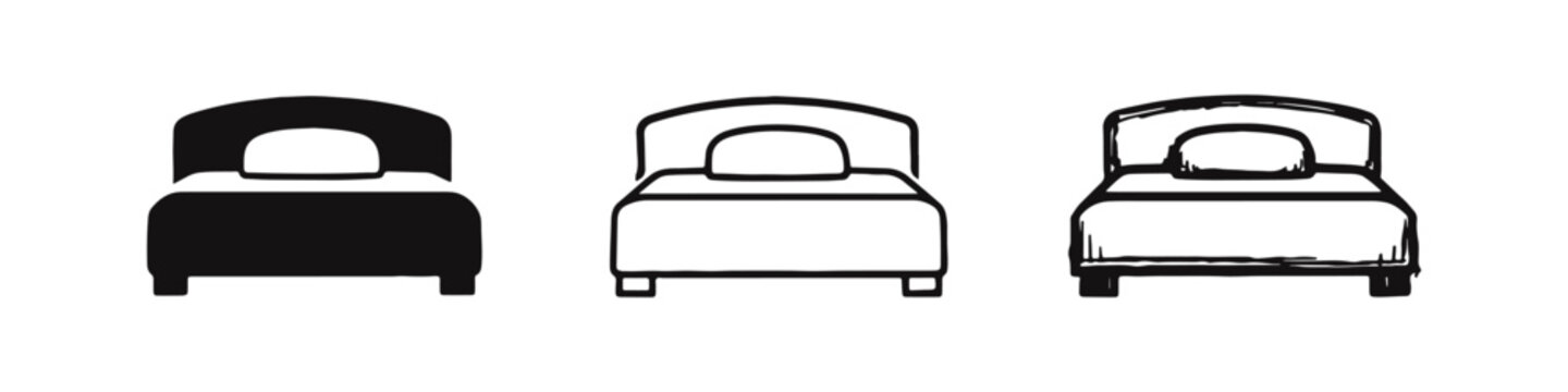 Single bed icon set with headboard in glyph, outline, and doodle styles, ideal for hotel or bedroom concepts.