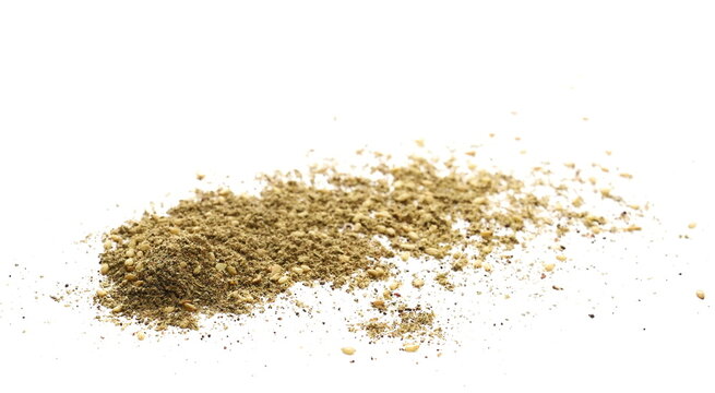Za'atar pile, middle eastern spice blend, isolated on white background, top view, ( zaatar leaves, sumac, extra virgin olive oil, sesame seeds and salt ), side view
