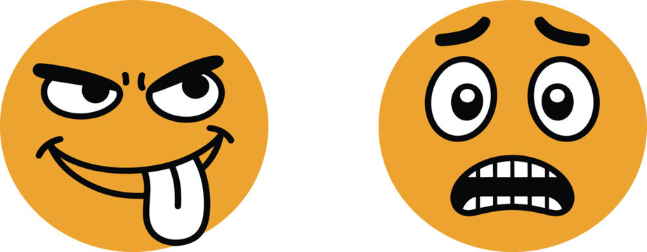 Funny cartoon emoji vector illustration set, cute orange smiley faces with tongue out and scared expression