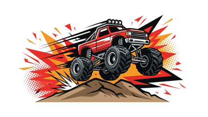 Monster truck jumping over terrain against a dynamic vector background © Muh