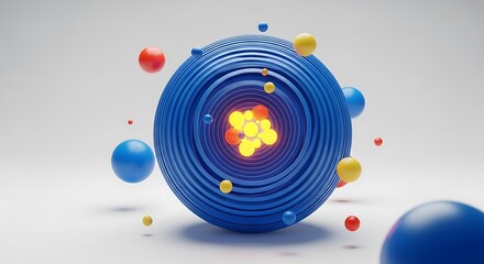 Abstract 3D render of a blue sphere with circular ridges and orbiting colorful spheres