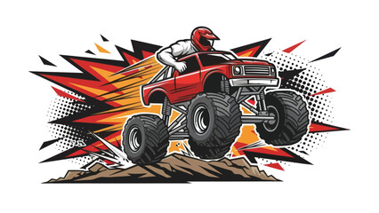 Monster truck jumping with driver and explosion graphic illustration © Muh