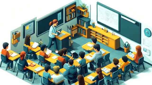 Classroom scene with teacher lecturing students at desks, engaging learning