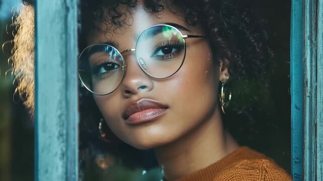 Modern Gaze: A captivating young woman, frames her eyes with stylish glasses, peering through a window. The shot encapsulates her natural beauty.