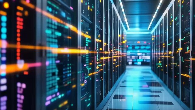 Data Center's Luminescence: An array of server racks glows, a futuristic portrayal of data storage and processing within a modern data center.