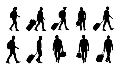 Fototapeta premium silhouettes of people walking , Silhouettes of people walking with luggage and bags travel on transparent background , no background