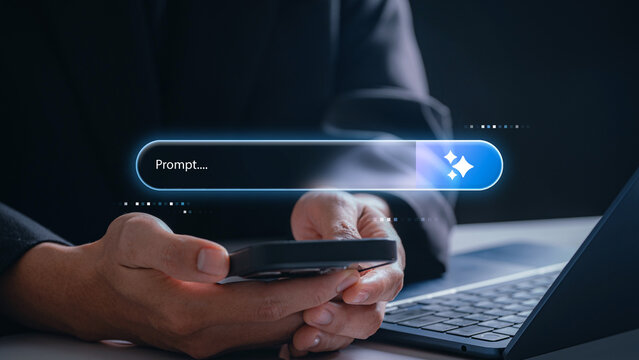 generative ai prompt interaction. businessman using smartphone with futuristic ai prompt search bar interface. concept of artificial intelligence, chatbot query and digital assistant technology