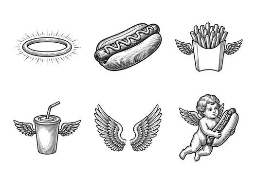 Heavenly fast food collection featuring hot dogs french fries and soda cup in vintage woodcut engraving style