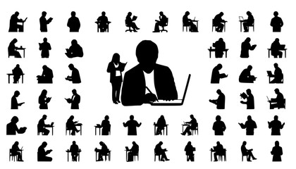 Studying people working silhouettes set, large pack of vector silhouette design, isolated white background