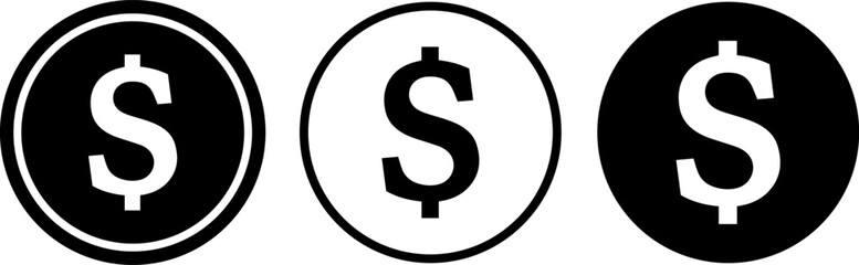 Three dollar sign icons in black and white for financial concepts