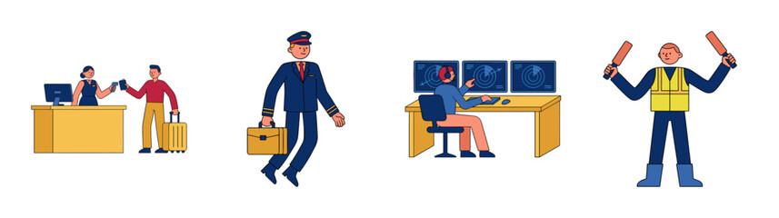 Fototapeta premium Flat Vector Aviation Personnel and Airport Ground Crew Asset Sheet for Logistics Management