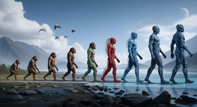 Evolution of human forms walking along shoreline