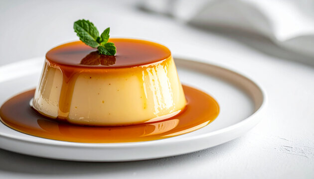 Caramel flan on white plate with glossy caramel sauce, smooth creamy texture, elegant sweet dessert.