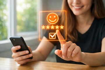 Woman smiling and giving five star rating on her phone  happy customer review concept JPG image