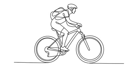 Continuous line art drawing of a cyclist riding a mountain bike with a backpack and helmet Vector, illustration © Rimi Kailash Arts