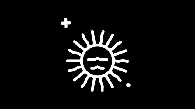 Stylized white sun icon with a face on a black background, minimalist design
