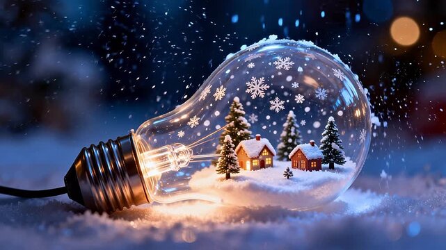 Light bulb with miniature snowy village