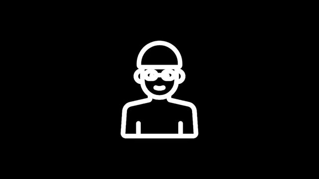 Simple line art icon of a swimmer wearing goggles and a swim cap on a black background