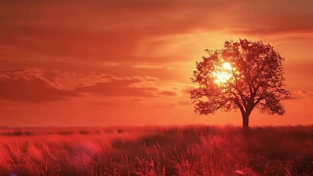 Golden Sunset Silhouette: An solitary tree stands silhouetted against a radiant, fiery sunset, its branches reaching skyward in a scene of breathtaking natural beauty.