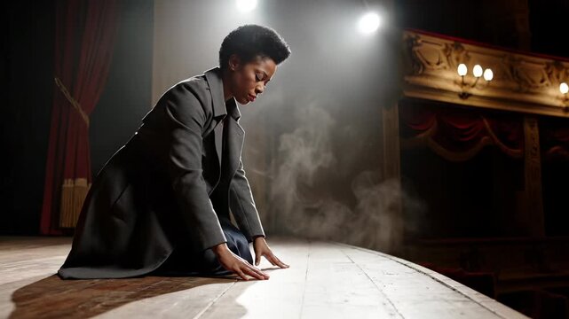 Actor kneels on stage studying script under spotlight. Performer rehearses on theater stage floor. Actor practices with script on stage. Dramatic spotlight illuminates actor studying performance.