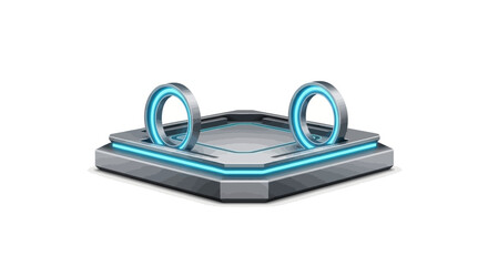 Futuristic neon-lit stage with glowing blue rings on a sleek gray platform.