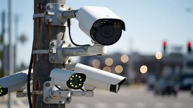 A security camera installed outdoors monitors an urban street scene during daytime