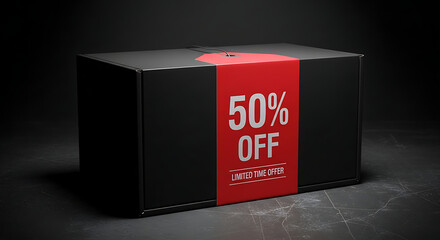 A sleek black gift box wrapped with a bold red banner announces a significant 50% OFF promotion, offering a limited-time opportunity.