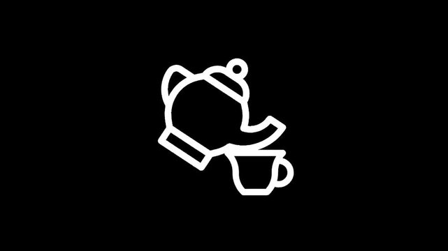 Simple white outline icon of a teapot and cup on a black background