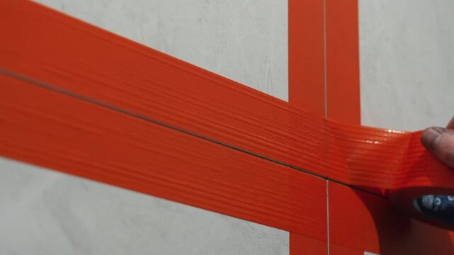 Master tiler tapes tile seams before epoxy grouting. preparatory work, professional tile work, grouting seams, epoxy grout, grouting, bathroom renovation, tile installation