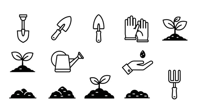 Vector Icon Sheet Featuring Gardening Tools and Plants in Various Stages of Growth